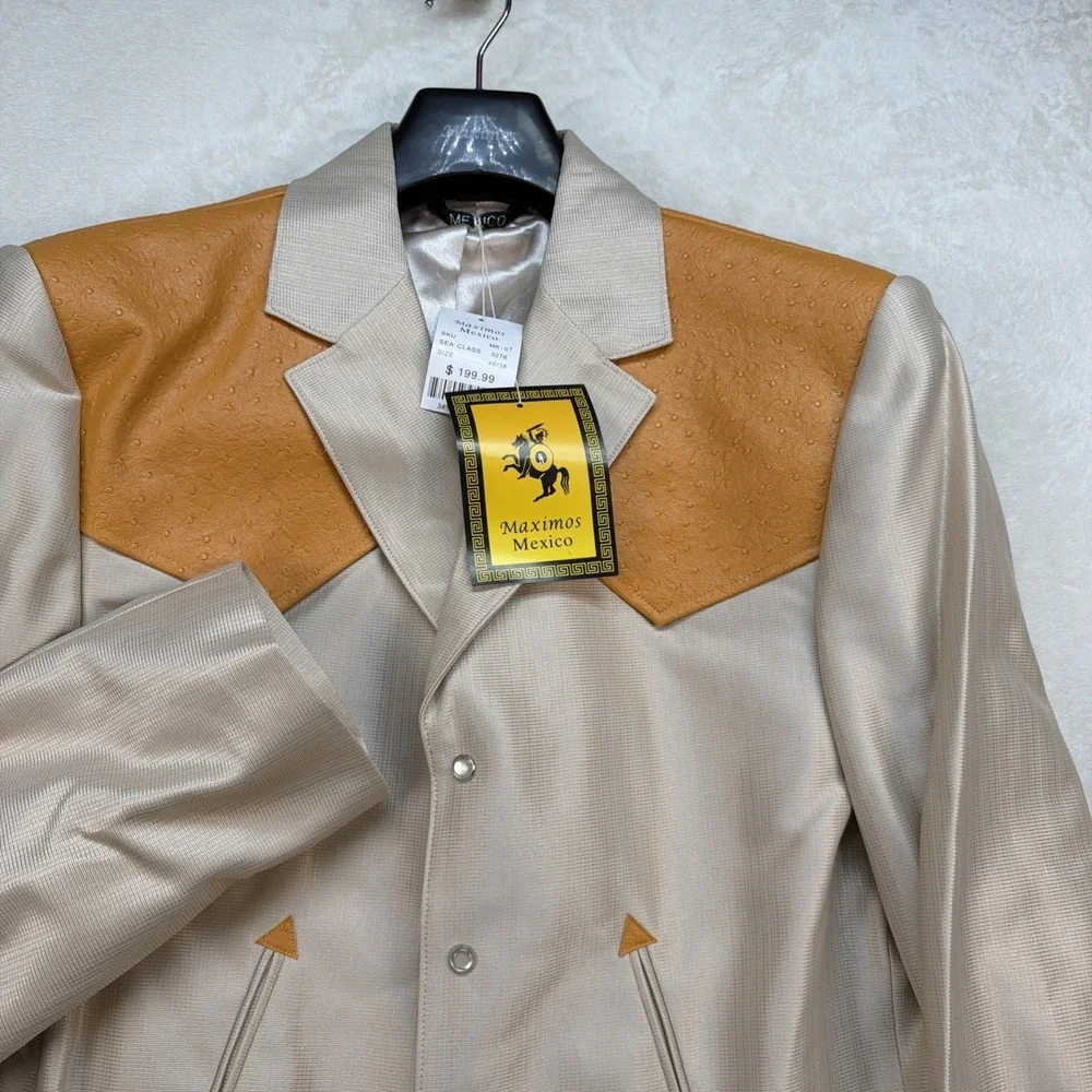 Vintage Western Cowboy Suit Pearl Snap Rodeo Rockabilly Stage Tan 46x38